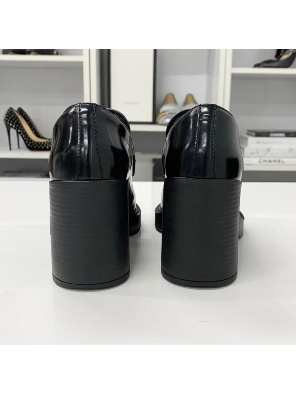 Prada Chocolate Triangle Logo Leather Heels Loafers Black